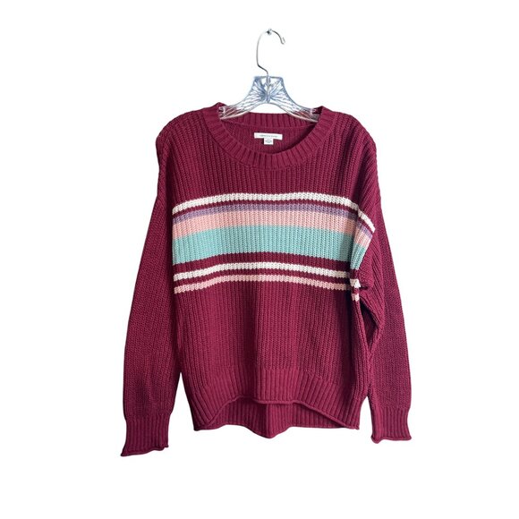 American Eagle Womens Knit Sweater S Berry Red Stripe Crewneck - Picture 6 of 6